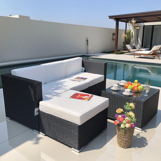 Dark Brown Wicker Outdoor Sectional Set with Ottoman & Glass Coffee Table – Stylish Patio Lounge Furniture