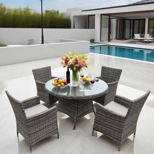 TBDS250701 Grey Wicker Modern Luxury Outdoor Dining Set with Cream Cushions & Clear Glass Round Dining Table – Stylish Patio Furniture