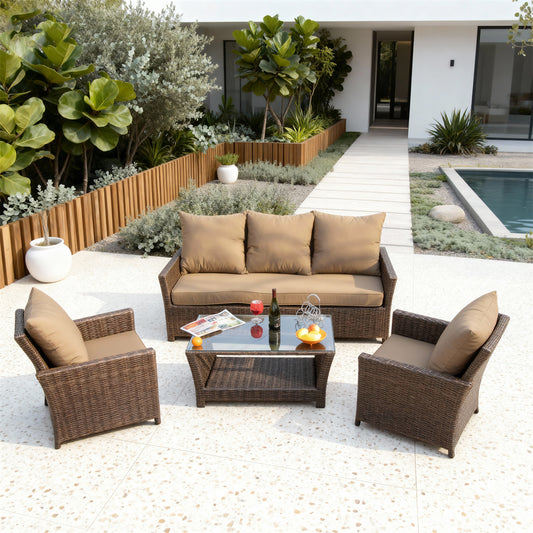 Dark Brown Wicker Outdoor Lounge Set with Tan Cushions & Glass Coffee Table – Stylish Patio Furniture