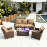 SFTZ259101 Dark Brown Wicker Outdoor Lounge Set with Tan Cushions & Glass Coffee Table – Stylish Patio Furniture