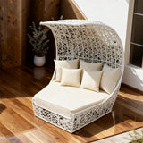 TYSF2565 All-White Rattan Cutout Crescent-Shaped Outdoor Daybed with Cream Cushions – Male Maldives Coastal Terrace Luxury Private Outdoor Cutout Crescent Daybed