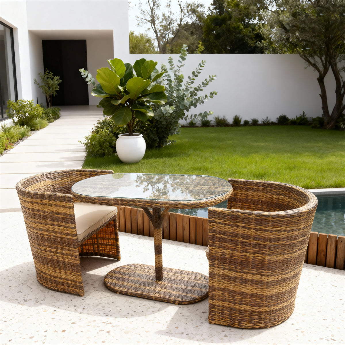 TBDS252501 Brown-Yellow Woven Rattan Modern Tropical Luxury Outdoor Bistro Set with Beige Cushions & Rattan-Look Glass Oval Table – Stylish Patio Furniture