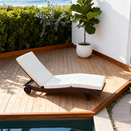TYSF2526 Dark Brown Rattan Wheeled Sectional Outdoor Sun Lounger with Cream Cushions – Amalfi Coast Italy Coastal Terrace Luxury Mobile Outdoor Reclining Sunbed