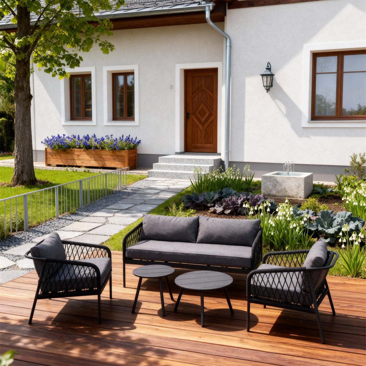 Dark Grey Woven Outdoor Lounge Set with Dark Grey Cushions & Round Side Tables – Stylish Patio Furniture