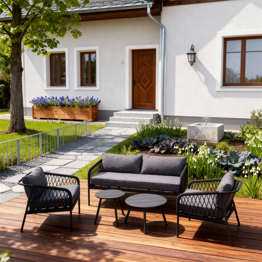 Dark Grey Woven Outdoor Lounge Set with Dark Grey Cushions & Round Side Tables – Stylish Patio Furniture