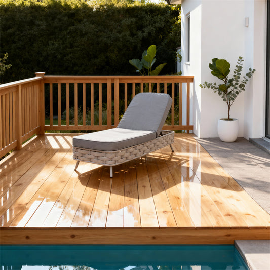 TYSF2518 Light White Rattan Adjustable Outdoor Sun Lounger with Light Grey Cushion – Vancouver Island Coastal Terrace Luxury Minimalist Outdoor Reclining Sunbed