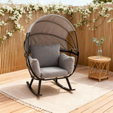 WLSF2527 Black Metal Frame Outdoor Rocking Egg Chair with Canopy & Light Grey Cushions – New England Countryside Patio Lounge