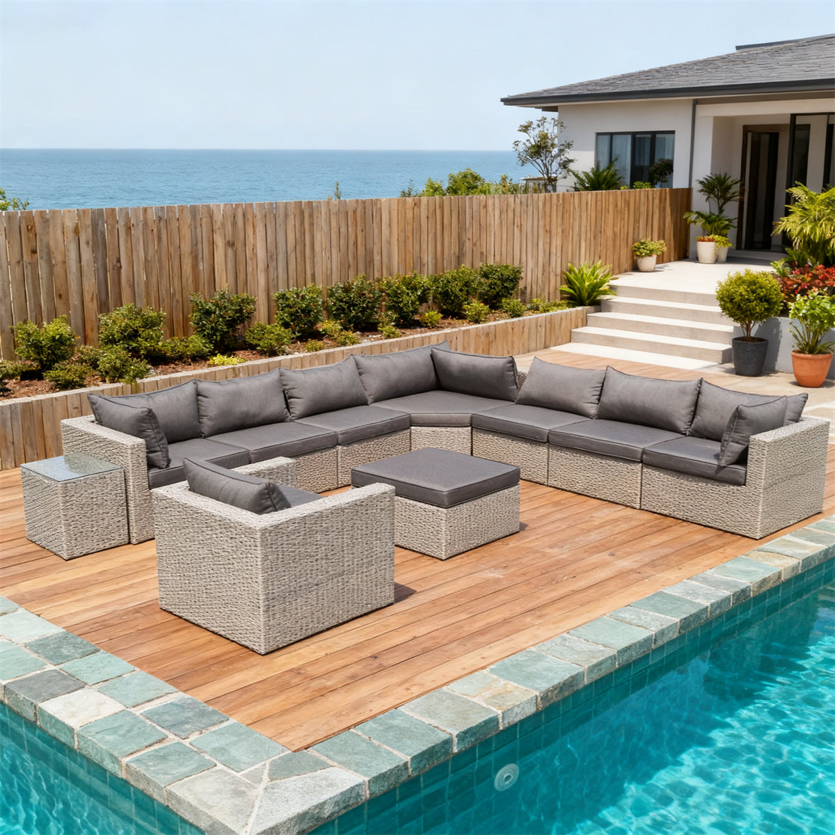 Light Grey Wicker L - Shaped Outdoor Sectional Set with Dark Grey Cushions, Side Table & Ottoman – Stylish Patio Furniture