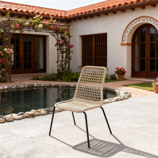 DTY2516 Beige Grid-Woven Rope Outdoor Chair with Black Metal Legs – Mexican Hacienda Courtyard Weather-Resistant Lounge Chair