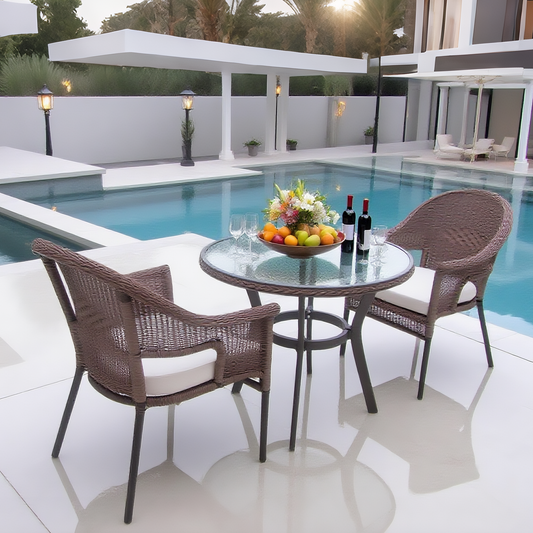 BST2506 Dark Brown Wicker & Black Metal Frame Luxury Pool Patio 2-Piece Outdoor Bistro Dining Set – Glass Round Table