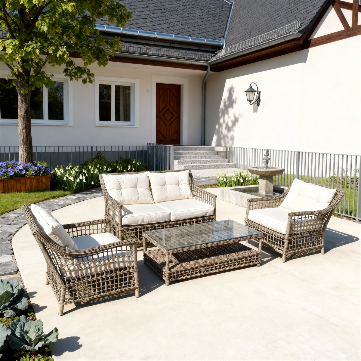 Mixed Brown Wicker Outdoor Lounge Set with Cream Cushions & Glass Coffee Table – Stylish Patio Furniture
