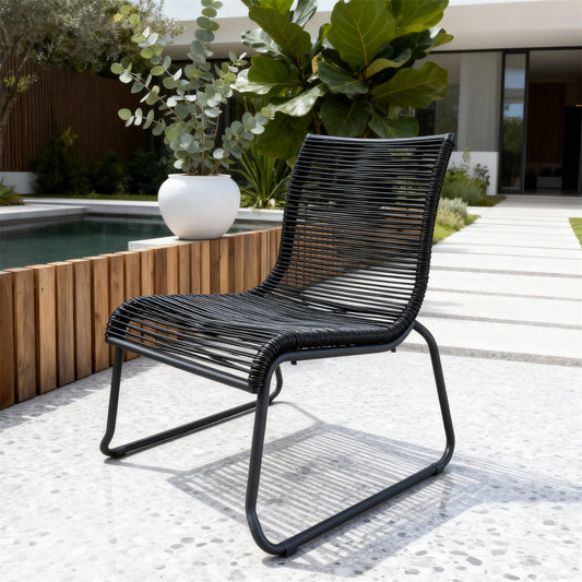 DTY2511 All-Black Rope-Woven Outdoor Lounge Chair with Streamlined Metal Frame – Modern Minimalist Pool Patio Weather-Resistant Relaxation Chair