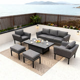 WLSF2543 Black Aluminum Outdoor 5-Piece Conversation Set with Coffee Table & Ottomans – Coastal Grey Fabric Patio Furniture