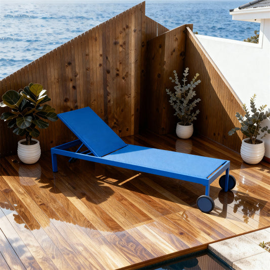 TYSF2544 Vibrant Blue Metal-Frame Wheeled Adjustable Outdoor Sun Lounger – Rio de Janeiro Brazil Coastal Terrace Luxury Vibrant Outdoor Reclining Sunbed