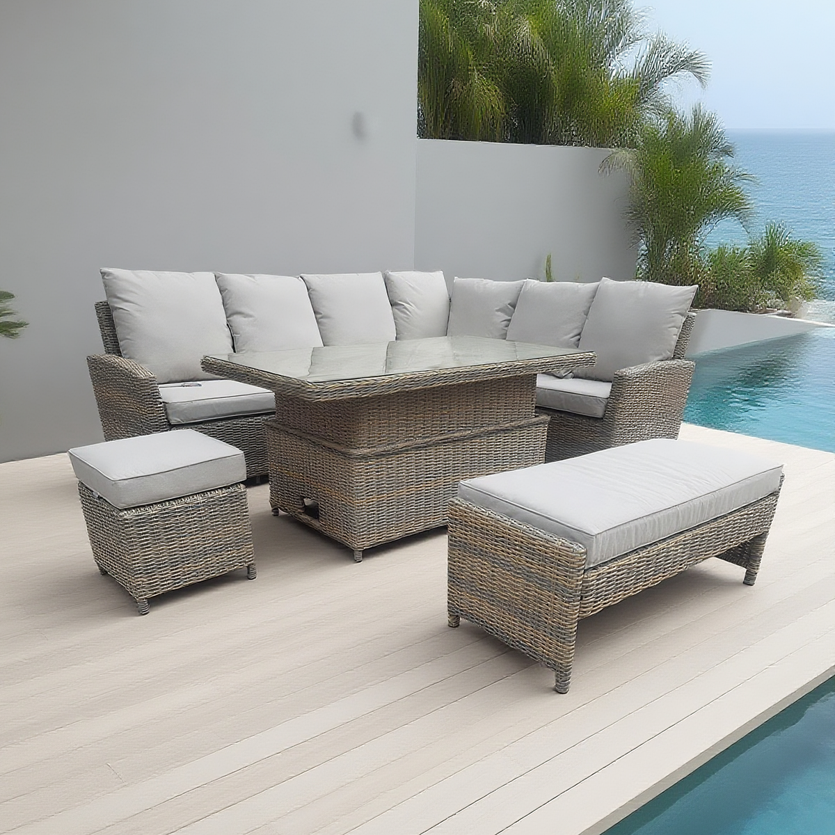 Grey Wicker L - Shaped Outdoor Sectional Set with Glass Coffee Table & Ottomans – Stylish Patio Furniture