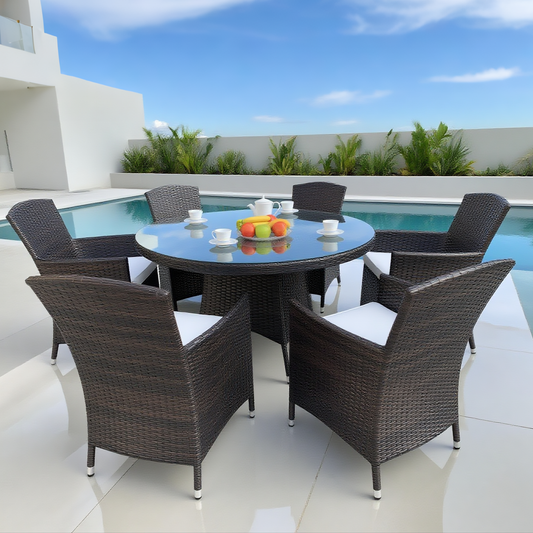 TBDS250305 Dark Brown Wicker Modern Luxury Outdoor Dining Set with White Cushions & Black Glass Round Dining Table – Stylish Patio Furniture
