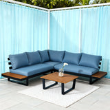 WLSF2516 Black Metal L-Shaped Outdoor Sectional with Wooden Side Extensions & Coffee Table – Palm Beach Tropical Modern Patio Set