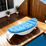 TYSF2560 White Rattan Curved Outdoor Sun Lounger with Turquoise Cushions – Amalfi Coast Italy Coastal Terrace Luxury Relaxed Outdoor Reclining Sunbed