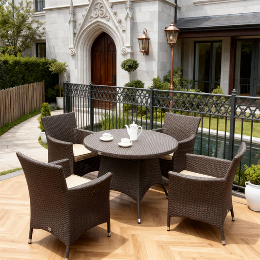 TBDS252703 Dark Brown Wicker English Castle Luxury Outdoor Bistro Set with Beige Cushions & Wicker-Textured Round Table