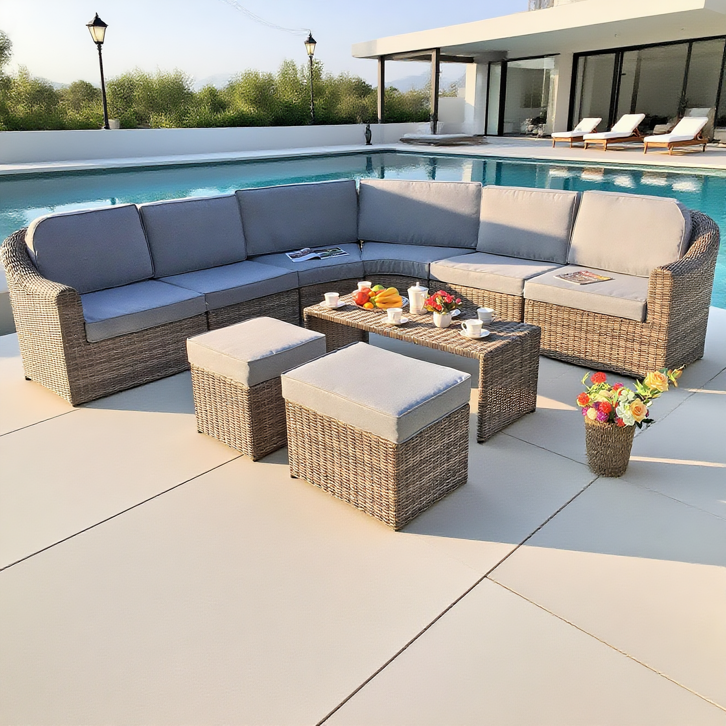 Brown Wicker Curved Outdoor Sectional Set with Ottomans & Coffee Table – Stylish Patio Conversation Furniture
