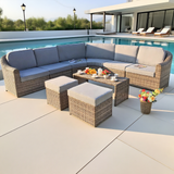 SFTZ2526 Brown Wicker Curved Outdoor Sectional Set with Ottomans & Coffee Table – Stylish Patio Conversation Furniture