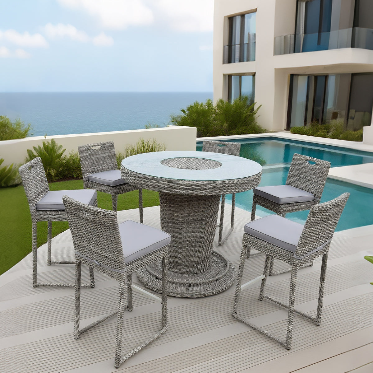 TBDS2512 Light Grey Wicker Coastal Luxury Outdoor Bar Set with Light Grey Cushions & Clear Glass Fire Pit Round Table – Stylish Patio Furniture