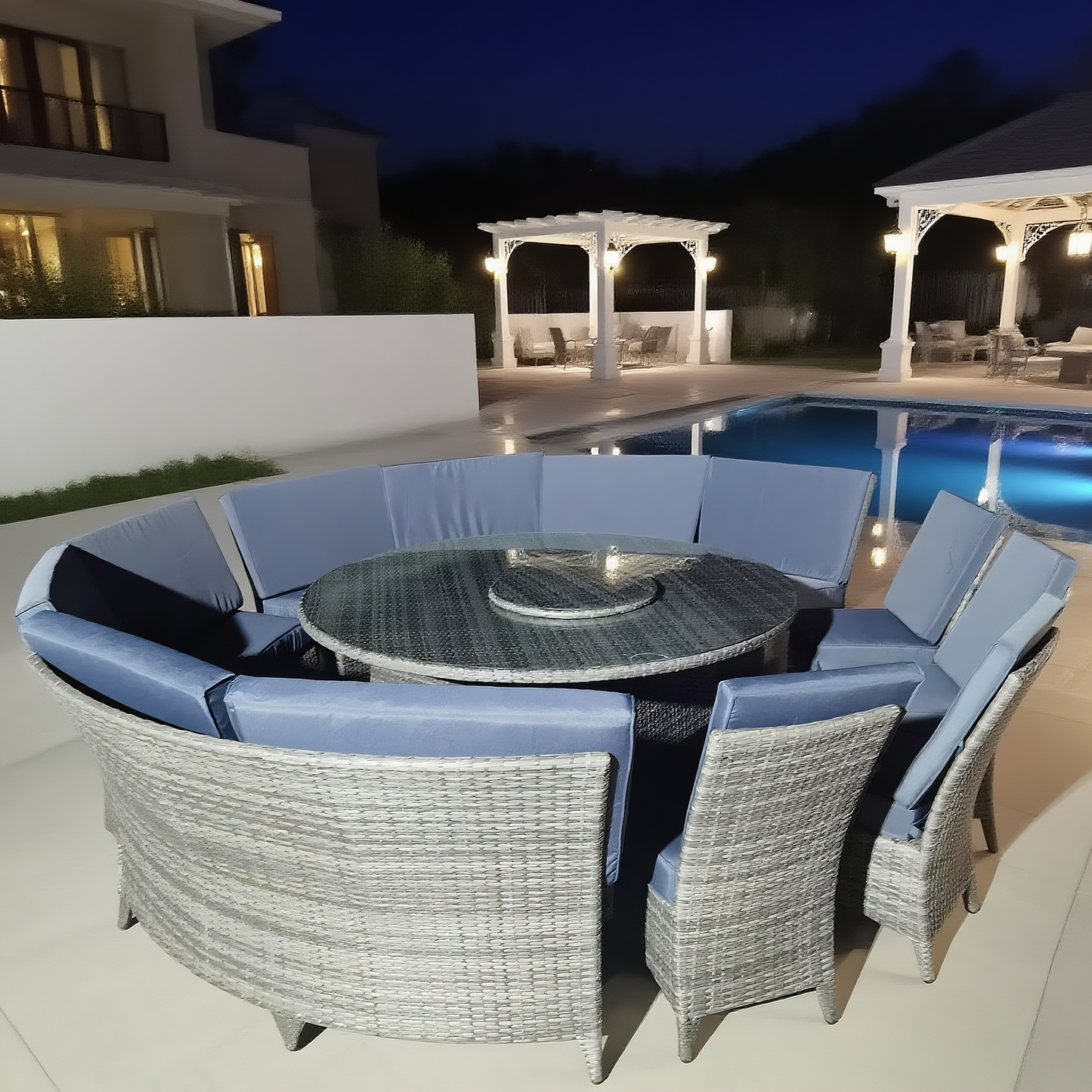TBDS250501 Light Grey Wicker Modern Luxury Curved Outdoor Dining Set with Blue Cushions & Black Glass Round Table (Lazy Susan) – Stylish Patio Furniture