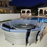 TBDS250501 Light Grey Wicker Modern Luxury Curved Outdoor Dining Set with Blue Cushions & Black Glass Round Table (Lazy Susan) – Stylish Patio Furniture