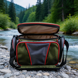 FSB1901 Olive Green Red Trim Waterproof Fishing Tackle Bag with Multi Compartments for River Lake Angling