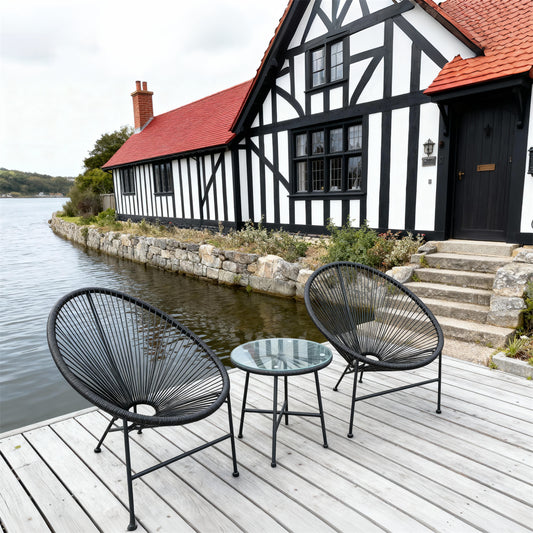 BST250701 All-Black Radial Weave & Metal Frame English Tudor Waterfront Patio 2-Piece Outdoor Bistro Set – Glass Round Table