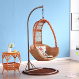 SWC2661 Single Seat Orange Brown Wicker Teardrop Hanging Egg Chair with Stand & Floral Cushion – Indoor Outdoor Swing Lounge Chair Set