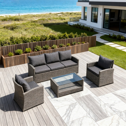 Mixed Grey Wicker Outdoor Lounge Set with Dark Grey Cushions & Glass Coffee Table – Stylish Patio Furniture