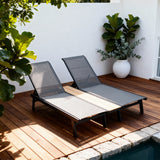 TYSF2532 Black Metal-Frame Grey Mesh & Wood-Accent 2-Piece Outdoor Sun Lounger Set – Mykonos Greece Coastal Terrace Luxury 2-Piece Outdoor Reclining Sunbed Set