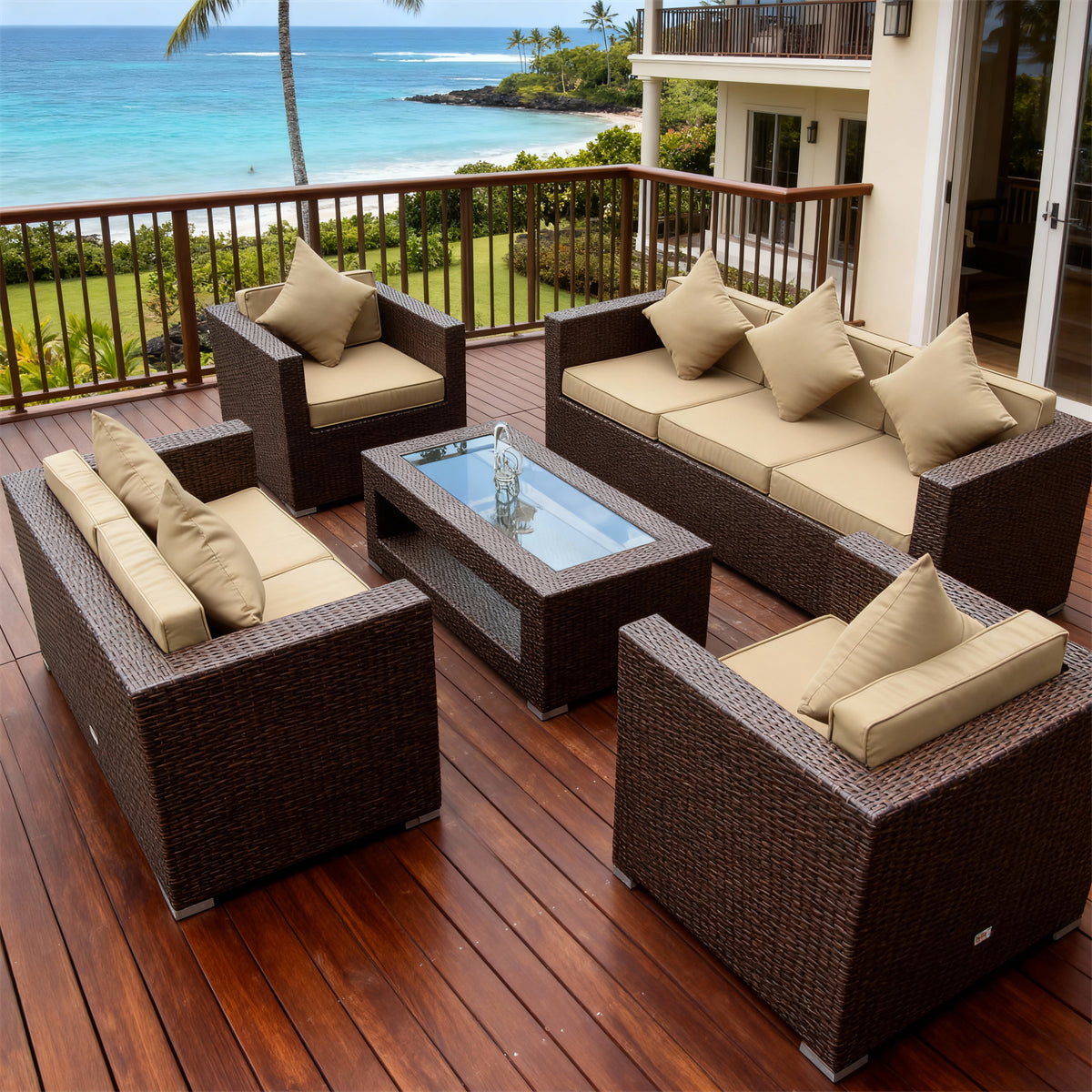 SFTZ261206 Dark Brown Wicker Outdoor Lounge Set with Beige Cushions – Hawaiian Beachfront Resort Villa Patio Luxury Outdoor Social Furniture Set