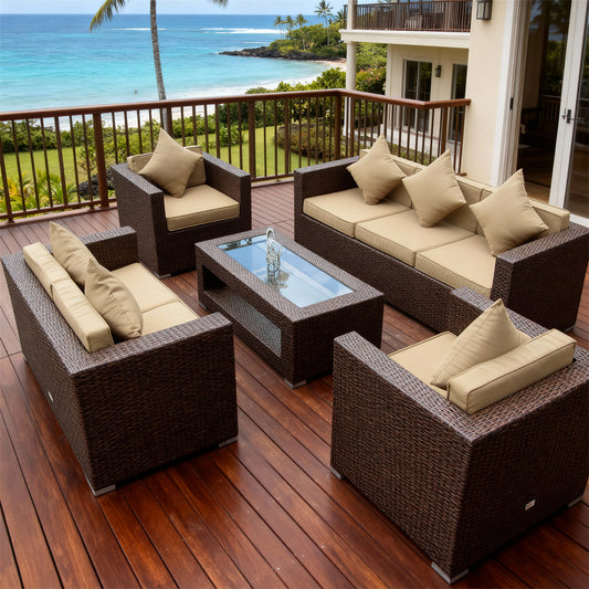 SFTZ261206 Dark Brown Wicker Outdoor Lounge Set with Beige Cushions – Hawaiian Beachfront Resort Villa Patio Luxury Outdoor Social Furniture Set