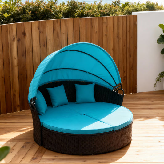 TYSF2507 Black Rattan Circular Canopy Outdoor Daybed with Turquoise Cushions – Cairns Great Barrier Reef Coastal Terrace Luxury Outdoor Canopy Daybed