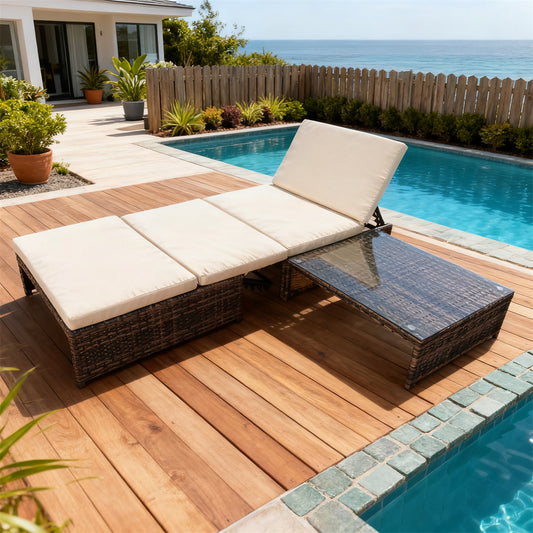 TYSF250103 Dark Brown Wicker Coastal Poolside Luxury Outdoor Adjustable Chaise Lounge Set – Cream Thick Cushion & Rattan-Textured Glass Side Table