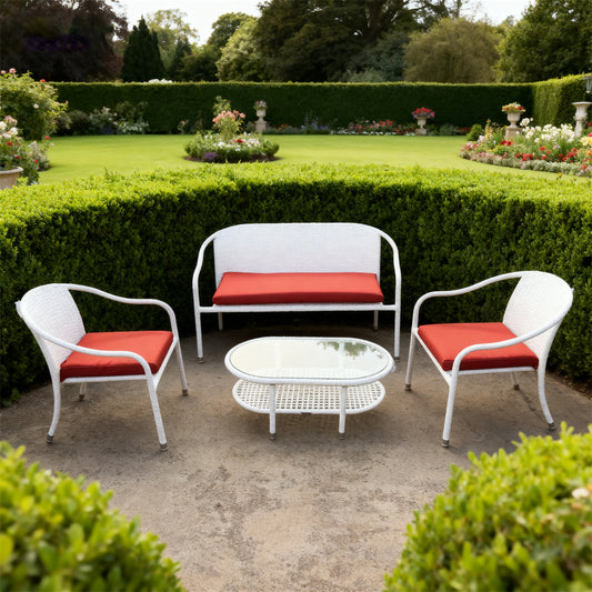 White Wicker Outdoor Lounge Set with Red Cushions & Glass Coffee Table – Stylish Patio Furniture