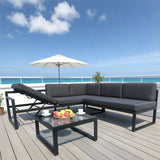 WLSF2513 Black Metal L-Shaped Outdoor Sectional with Adjustable Chaise, Glass Table & Umbrella – Miami Rooftop Tropical Luxury Patio Set
