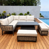 WLSF250303 Two Tone Rattan Metal L Shaped Outdoor Sectional Sofa Set with Storage Coffee Table and Ottomans Marbella Coastal Luxury Patio Furniture