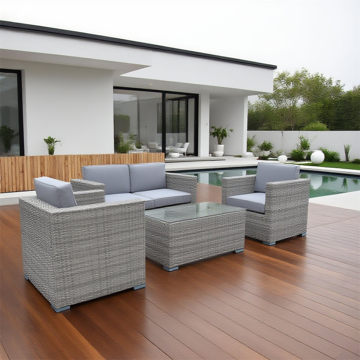 SFTZ261301 Light Grey Wicker Outdoor Lounge Set with Light Grey Cushions – Modern Minimalist Pool Villa Patio Luxury Outdoor Social Furniture Set
