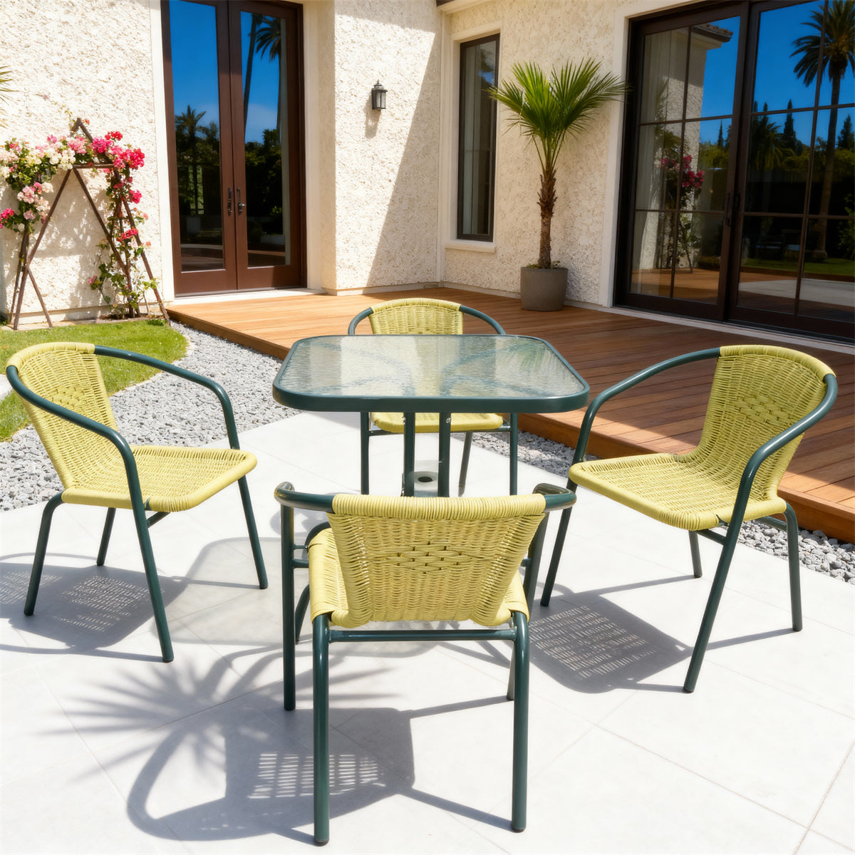 TBDS252902 Yellow-Green Rattan & Forest Green Metal California Mediterranean Luxury Outdoor Bistro Set with Cushion-Free Design & Textured Glass Square Table