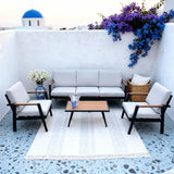 WLSF2537 Black Metal 4-Piece Outdoor Conversation Set with Light Grey Cushions & Wooden Top Coffee Table – Santorini Coastal Patio Set