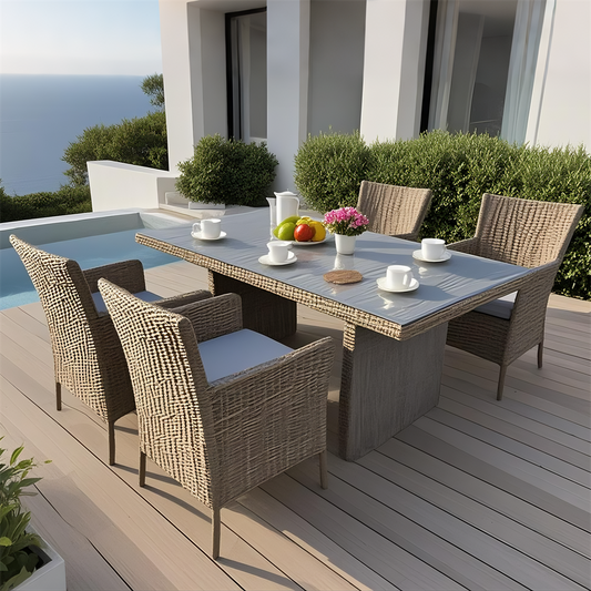 TBDS250704 Light Brown Woven Rattan Mediterranean Luxury Outdoor Dining Set with Light Blue Cushions & Black Glass Rectangular Dining Table – Stylish Patio Furniture