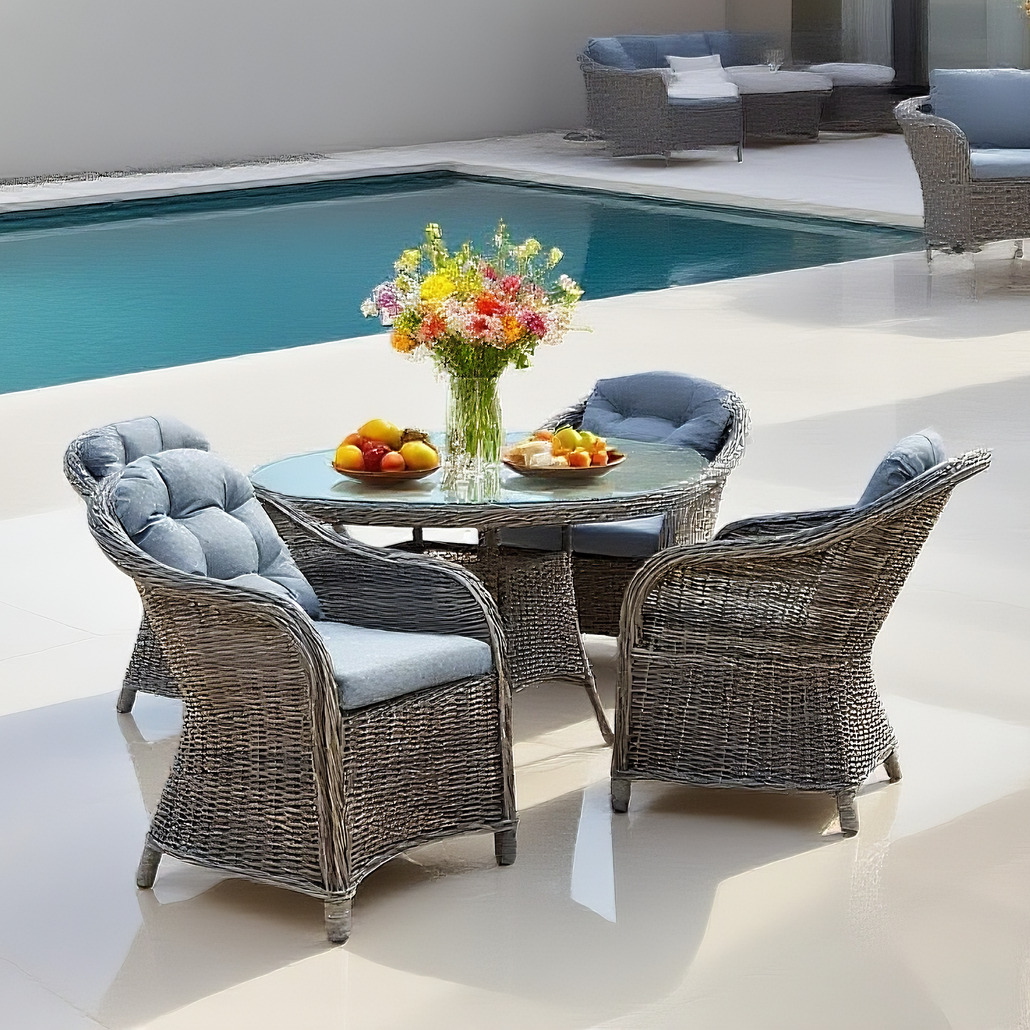 TBDS2509142 GRAY Dark Grey Wicker Modern Luxury Outdoor Dining Set with Light Blue Tufted Cushions & Clear Glass Round Dining Table – Stylish Patio Furniture
