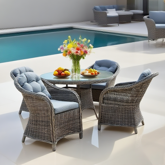 TBDS2509142 GRAY Dark Grey Wicker Modern Luxury Outdoor Dining Set with Light Blue Tufted Cushions & Clear Glass Round Dining Table – Stylish Patio Furniture