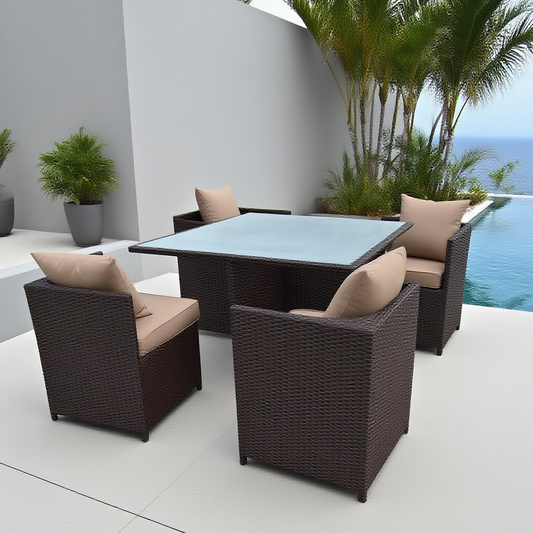 TBDS2515 Dark Brown Wicker Tropical Luxury Outdoor Dining Set with Beige Cushions & Light Blue Glass Rectangular Dining Table – Stylish Patio Furniture