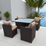 TBDS2515 Dark Brown Wicker Tropical Luxury Outdoor Dining Set with Beige Cushions & Light Blue Glass Rectangular Dining Table – Stylish Patio Furniture
