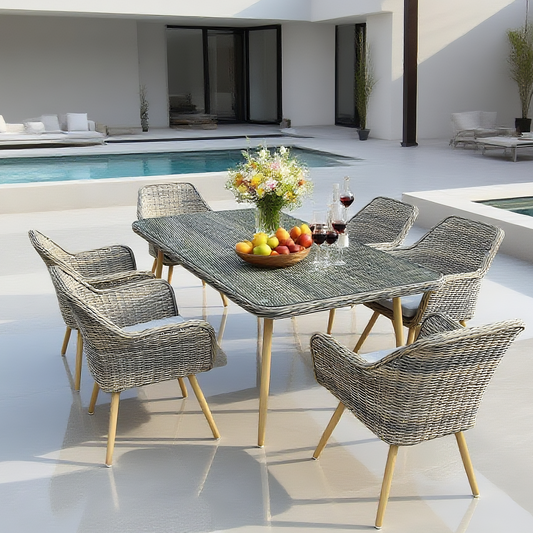 TBDS25106S Mixed Grey Wicker & Wooden Legs Modern Luxury Outdoor Dining Set with Light Grey Cushions & Clear Glass Rectangular Dining Table – Stylish Patio Furniture