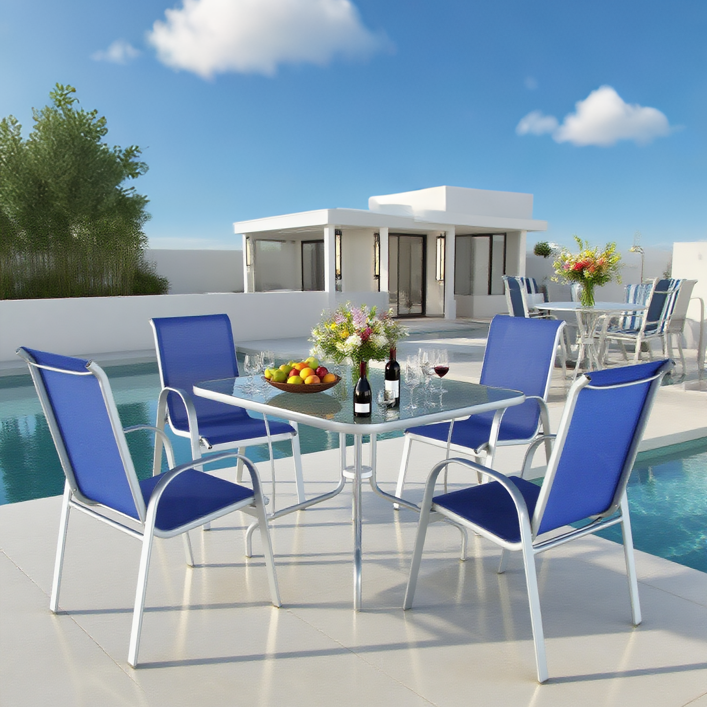 CBY2503 Silver Aluminum & Royal Blue Mesh Modern Poolside Luxury Outdoor Dining Set (4-Piece) – Black Glass Square Table